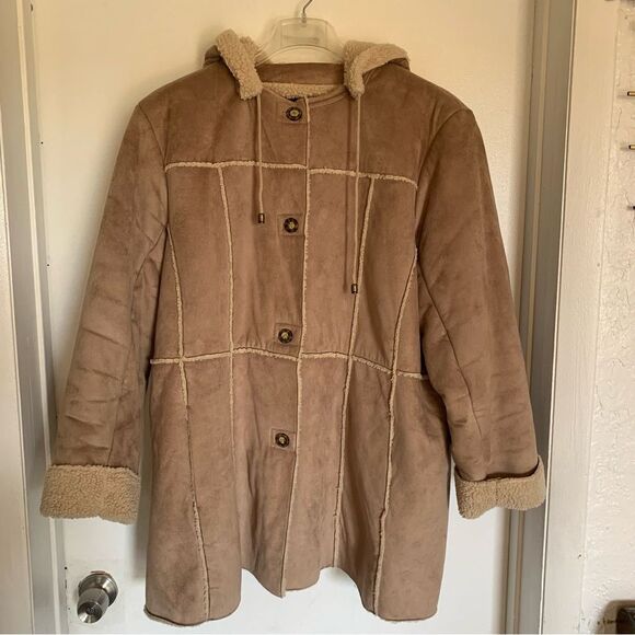 Y2K Mid-length Faux Suede & Shearling Lined Coat Sz 2X Removable Hood Boho - Picture 1 of 11